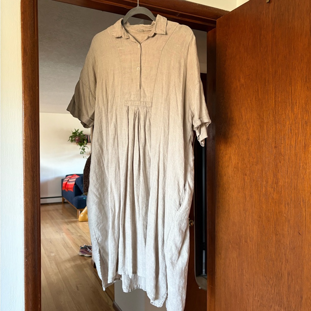 Beige Linen Midi Dress